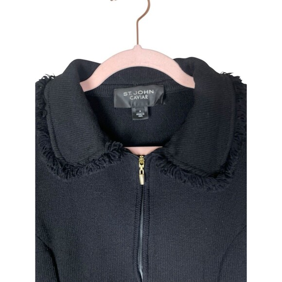 ST. JOHN CAVIAR KNIT FULL ZIP WOMENS FRINGED BLAZER BLACK CLASSY SZ 6 POCKETS - Picture 7 of 16